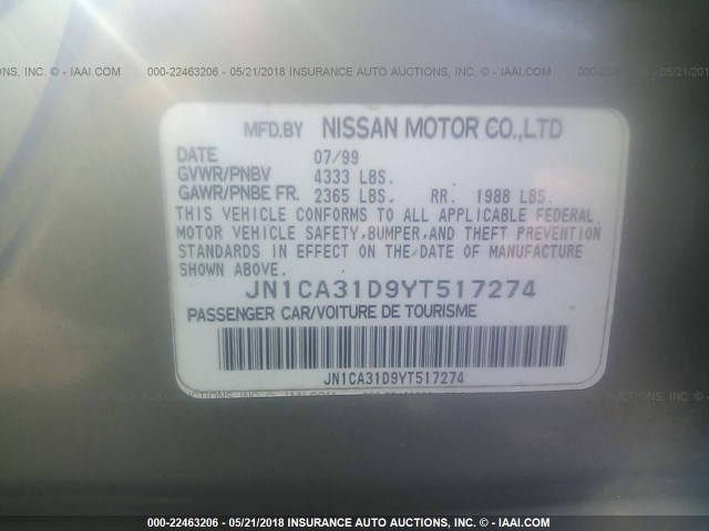 JN1CA31D9YT517274 - 2000 NISSAN MAXIMA GLE/GXE/SE SILVER photo 9