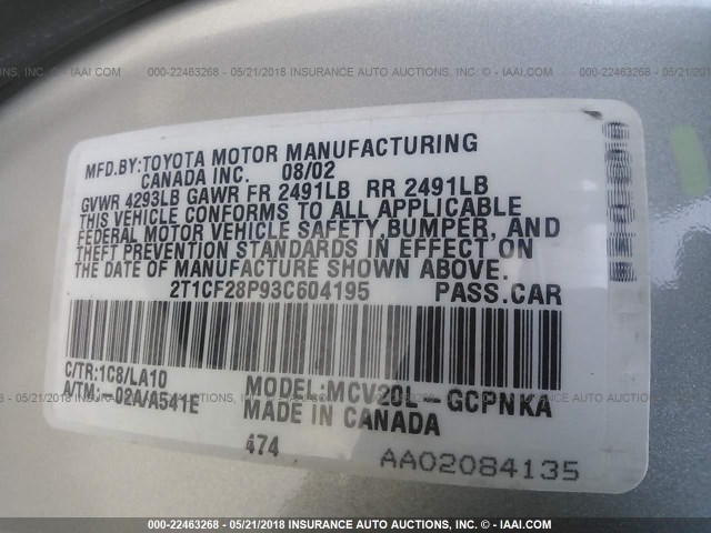 2T1CF28P93C604195 - 2003 TOYOTA CAMRY SOLARA SE/SLE Gümüş foto 9