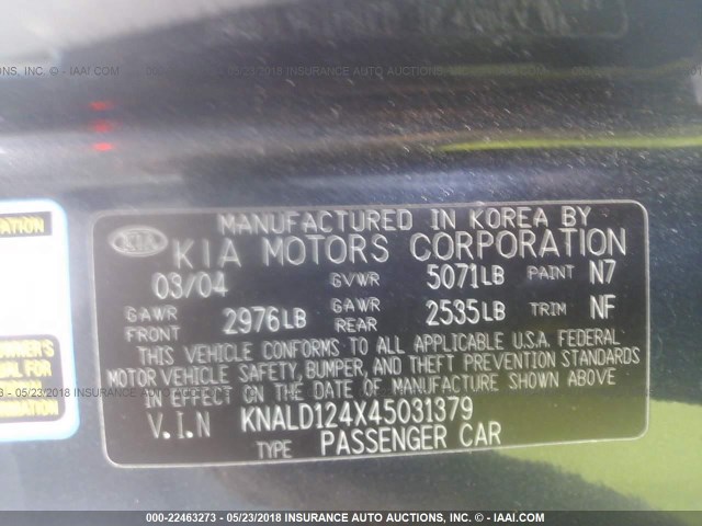 KNALD124X45031379 - 2004 KIA AMANTI GRAY photo 9