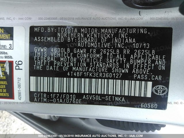 4T4BF1FK3ER360127 - 2014 TOYOTA CAMRY L/SE/LE/XLE SILVER photo 9