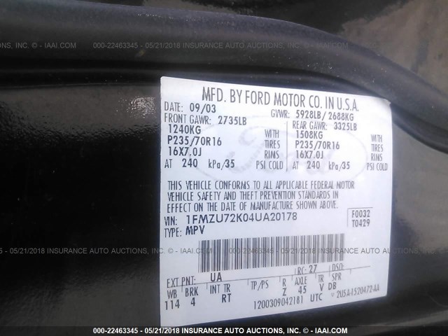 1FMZU72K04UA20178 - 2004 FORD EXPLORER XLS/XLS SPORT BLACK photo 9