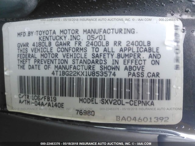 4T1BG22KX1U853574 - 2001 TOYOTA CAMRY CE/LE/XLE ნაცრისფერი ფოტო 9