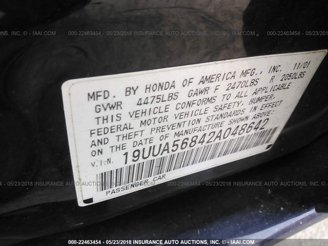 19UUA56842A048642 - 2002 ACURA 3.2TL TYPE-S BLACK photo 9