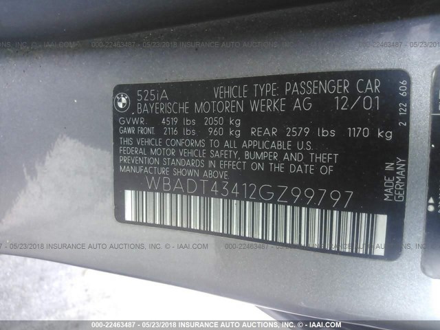 WBADT43412GZ99797 - 2002 BMW 525 I AUTOMATIC 银色 照片 9