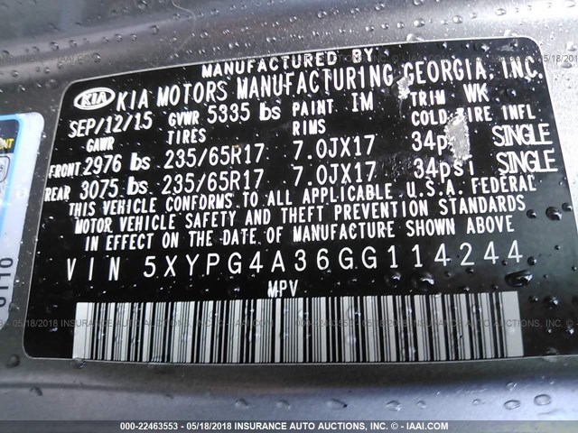 5XYPG4A36GG114244 - 2016 KIA SORENTO LX/L GRAY photo 9