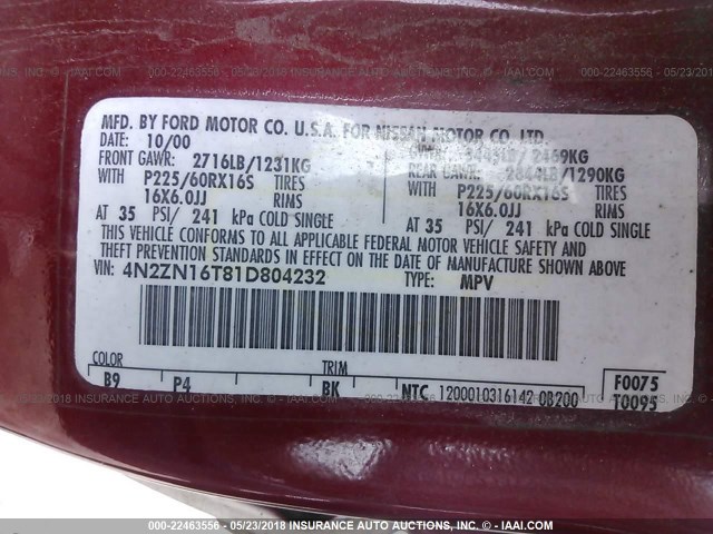 4N2ZN16T81D804232 - 2001 NISSAN QUEST SE RED photo 9