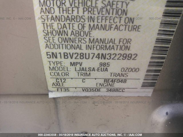 5N1BV28U74N322992 - 2004 NISSAN QUEST S/SE/SL TAN photo 9