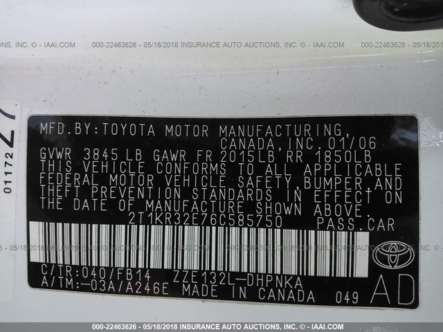 2T1KR32E76C585750 - 2006 TOYOTA COROLLA MATRIX XR WHITE photo 9