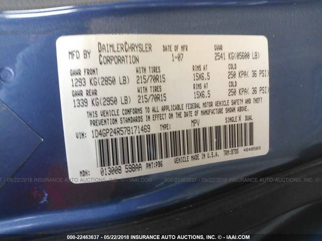 1D4GP24R57B171469 - 2007 DODGE GRAND CARAVAN SE Light Blue photo 9