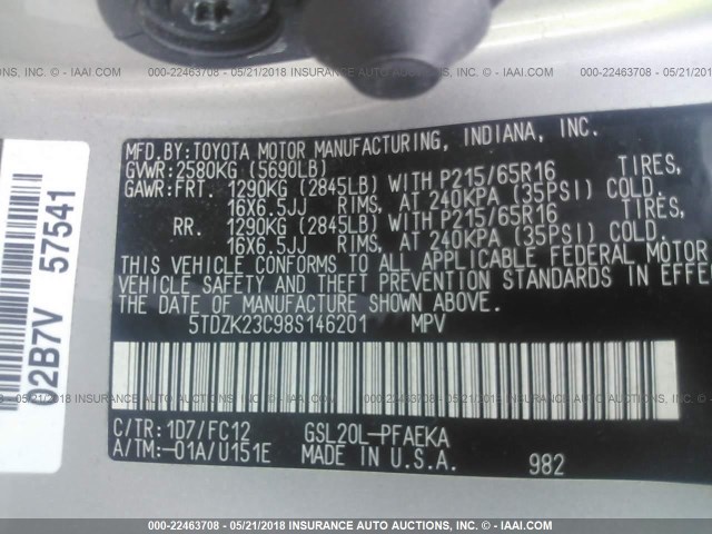 5TDZK23C98S146201 - 2008 TOYOTA SIENNA CE/LE SILVER photo 9