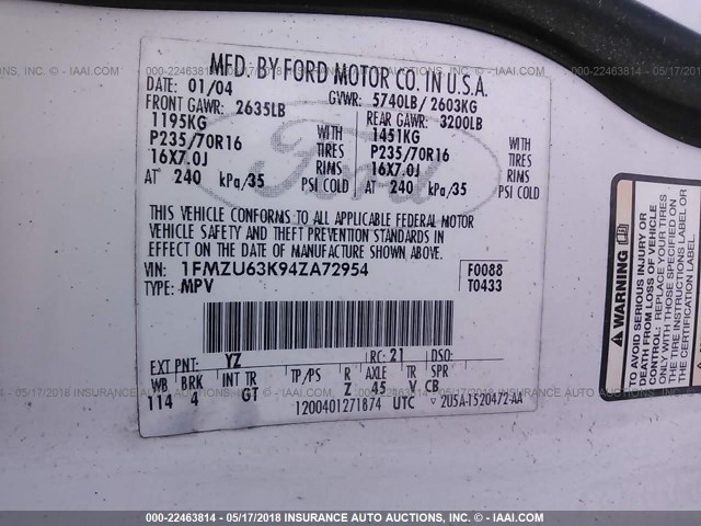 1FMZU63K94ZA72954 - 2004 FORD EXPLORER XLT/XLT SPORT/NBX WHITE photo 9