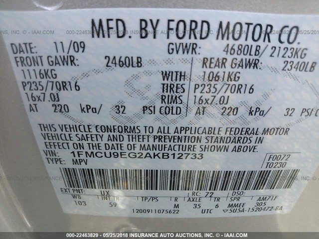 1FMCU9EG2AKB12733 - 2010 FORD ESCAPE LIMITED SILVER photo 9