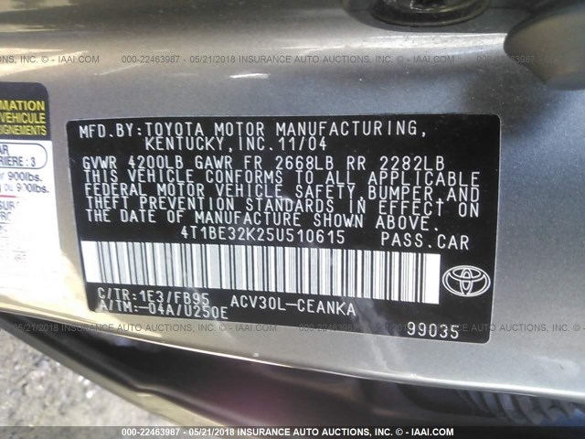 4T1BE32K25U510615 - 2005 TOYOTA CAMRY LE/XLE/SE 灰色 照片 9