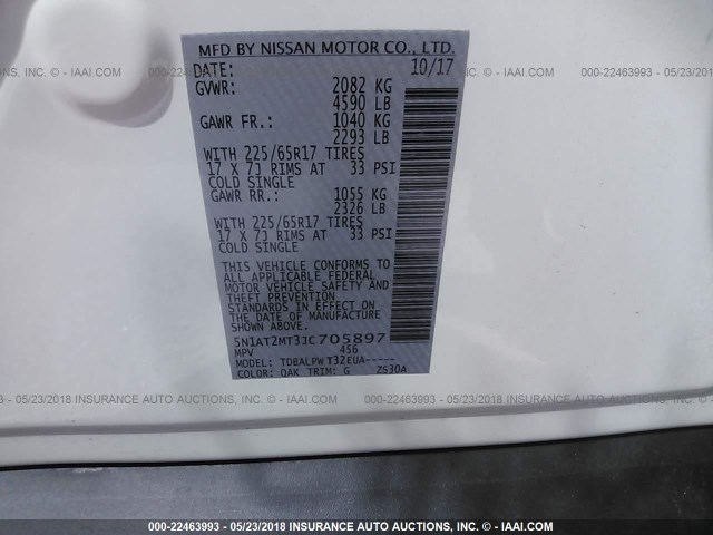 5N1AT2MT3JC705897 - 2018 NISSAN ROGUE S/SL WHITE photo 9