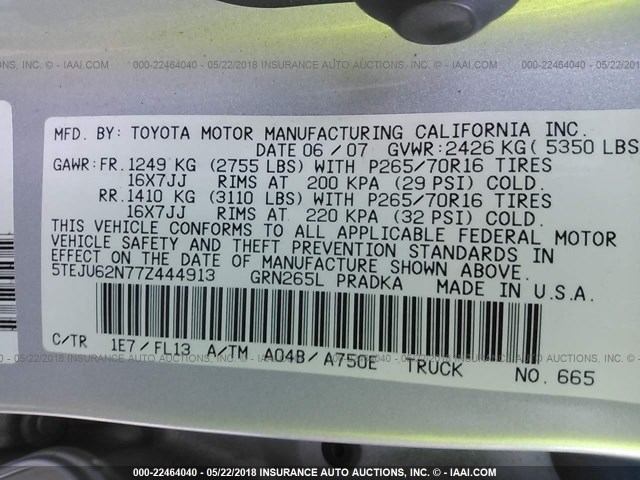 5TEJU62N77Z444913 - 2007 TOYOTA TACOMA DOUBLE CAB PRERUNNER SILVER photo 9