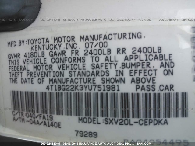 4T1BG22K3YU751981 - 2000 TOYOTA CAMRY CE/LE/XLE 白色 照片 9