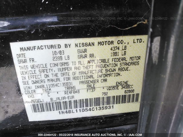 1N4BL11D54C135931 - 2004 NISSAN ALTIMA SE BLACK photo 9