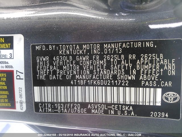 4T1BF1FK6DU211722 - 2013 TOYOTA CAMRY L/SE/LE/XLE GRAY photo 9