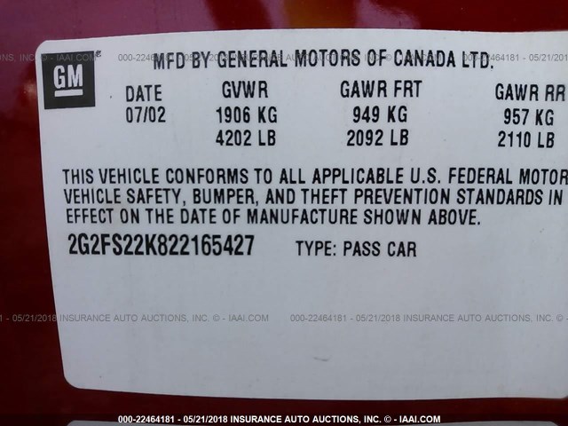 2G2FS22K822165427 - 2002 PONTIAC FIREBIRD RED photo 9