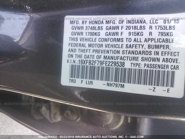 19XFB2F79FE229538 - 2015 HONDA CIVIC SE GRAY photo 9