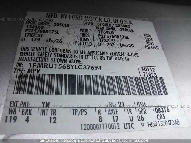 1FMRU1568YLC37694 - 2000 FORD EXPEDITION XLT ვერცხლისფერი ფოტო 9