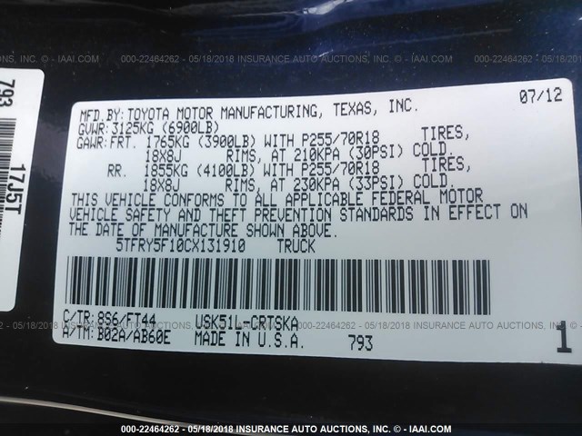 5TFRY5F10CX131910 - 2012 TOYOTA TUNDRA DOUBLE CAB SR5 BLUE photo 9