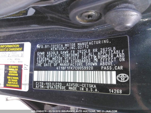 4T1BF1FK7CU059920 - 2012 TOYOTA CAMRY SE/LE/XLE BLACK photo 9
