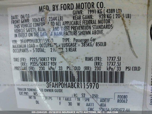 3FAHP0HA8CR115970 - 2012 FORD FUSION SE WHITE photo 9