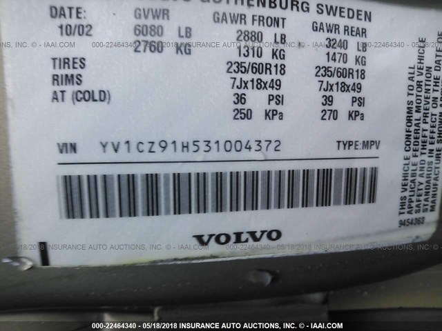 YV1CZ91H531004372 - 2003 VOLVO XC90 T6 GOLD photo 9