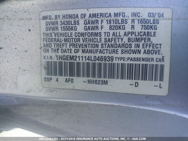 1HGEM21114L046939 - 2004 HONDA CIVIC DX VP SILVER photo 9