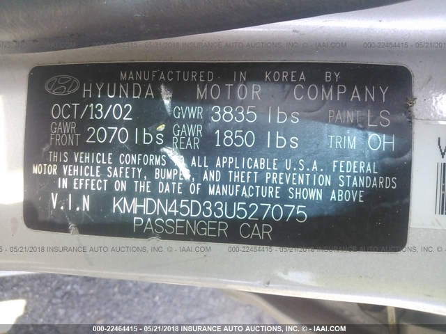 KMHDN45D33U527075 - 2003 HYUNDAI ELANTRA GLS/GT SILVER photo 9