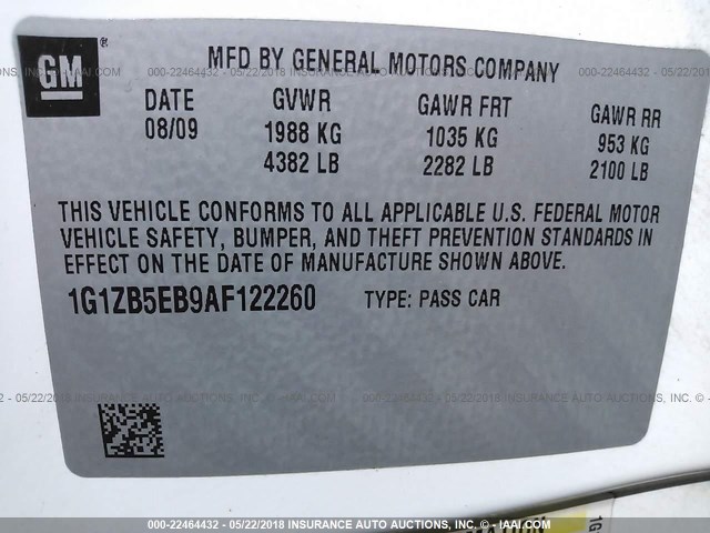 1G1ZB5EB9AF122260 - 2010 CHEVROLET MALIBU LS 白色 照片 9