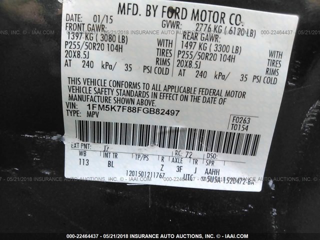 1FM5K7F88FGB82497 - 2015 FORD EXPLORER LIMITED Сұр фото 9