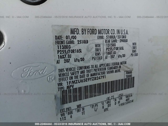 1FMZU65E9YZB24791 - 2000 FORD EXPLORER LIMITED 白色 照片 9