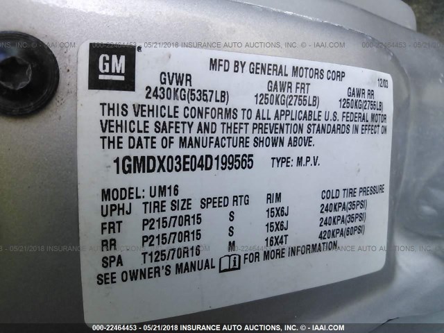 1GMDX03E04D199565 - 2004 PONTIAC MONTANA SILVER photo 9