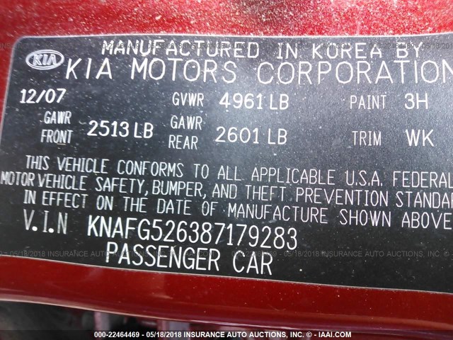 KNAFG526387179283 - 2008 KIA RONDO LX/EX RED photo 9