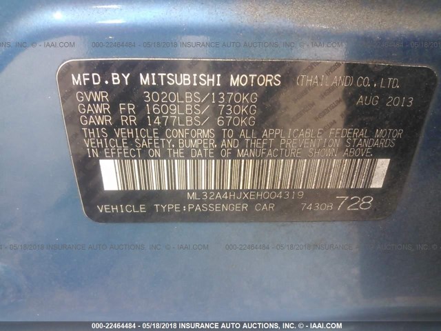 ML32A4HJXEH004319 - 2014 MITSUBISHI MIRAGE ES BLUE photo 9