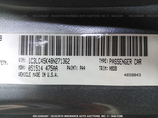 1C3LC45K48N271362 - 2008 CHRYSLER SEBRING GRAY photo 9