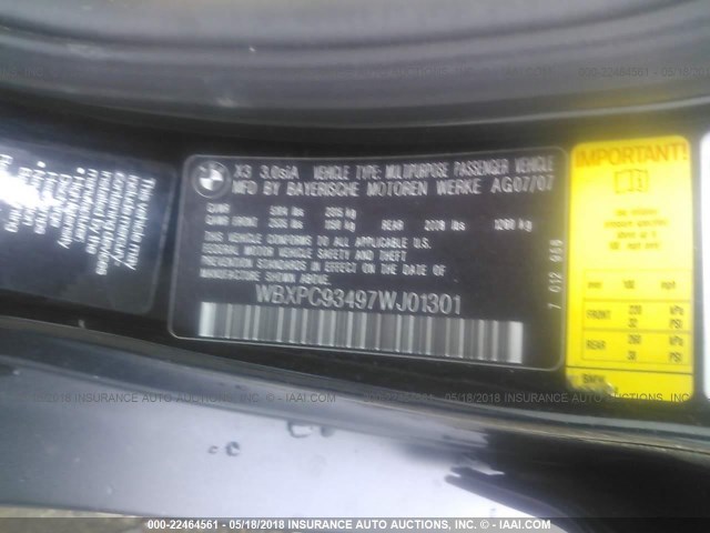 WBXPC93497WJ01301 - 2007 BMW X3 3.0SI BLACK photo 9