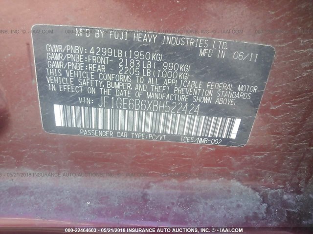 JF1GE6B6XBH522424 - 2011 SUBARU IMPREZA 2.5I PREMIUM RED photo 9