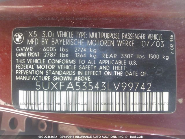 5UXFA53543LV99742 - 2003 BMW X5 3.0I RED photo 9