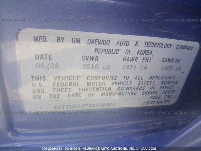 KL1TD56E79B335900 - 2009 CHEVROLET AVEO LS/LT 蓝色 照片 9