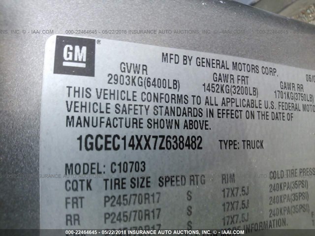 1GCEC14XX7Z638482 - 2007 CHEVROLET SILVERADO C1500 CLASSIC GRAY photo 9