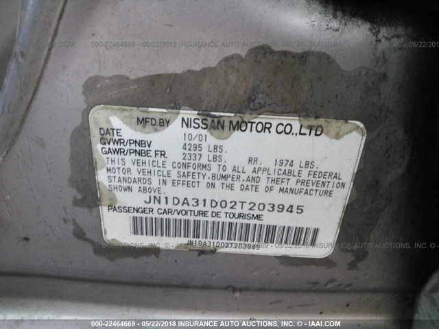 JN1DA31D02T203945 - 2002 NISSAN MAXIMA GLE/GXE/SE SILVER photo 9