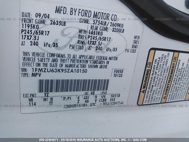 1FMZU63K95ZA10150 - 2005 FORD EXPLORER XLT/XLT SPORT/NBX WHITE photo 9