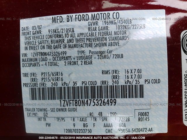 1ZVFT80N475326499 - 2007 FORD MUSTANG RED photo 9