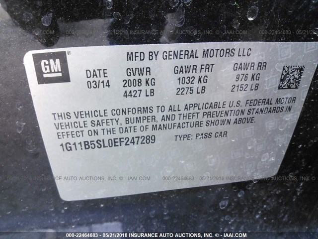 1G11B5SL0EF247289 - 2014 CHEVROLET MALIBU LS 黑色 照片 9