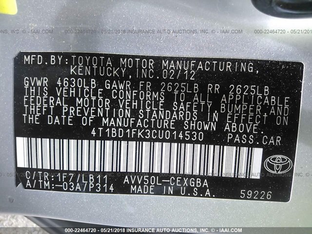 4T1BD1FK3CU014530 - 2012 TOYOTA CAMRY HYBRID/LE/XLE 银色 照片 9