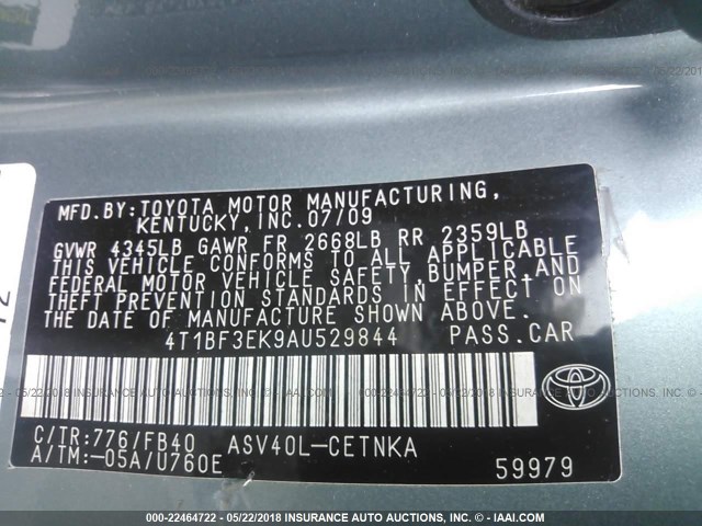 4T1BF3EK9AU529844 - 2010 TOYOTA CAMRY SE/LE/XLE 绿色 照片 9