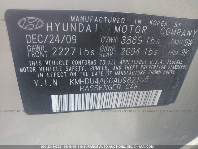 KMHDU4AD6AU982105 - 2010 HYUNDAI ELANTRA BLUE/GLS/SE GOLD photo 9